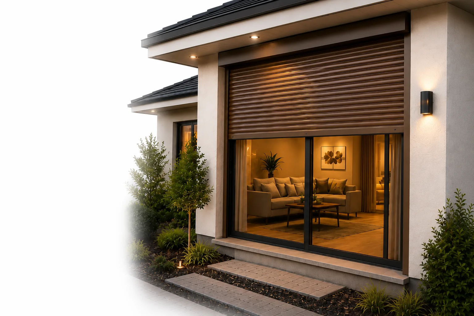 Sliding glass patio door with a Roll-A-Shield 38mm insulated rolling shutter partially closed at dusk