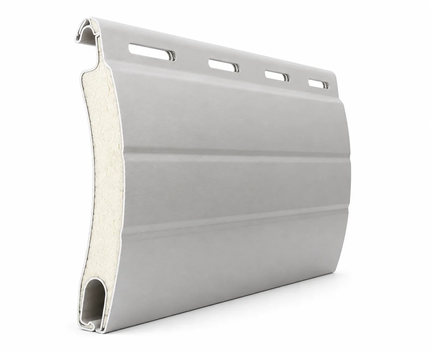 Cutaway view of a Roll-A-Shield 38mm insulated aluminum rolling shutter slat showing the foam insulation core