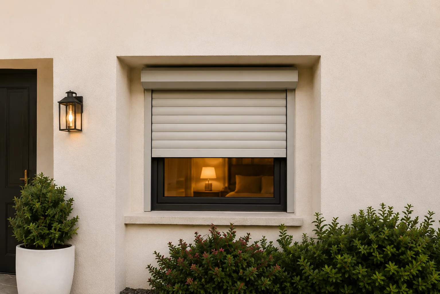 Bedroom window with a Roll-A-Shield 38mm insulated rolling shutter partially closed at dusk