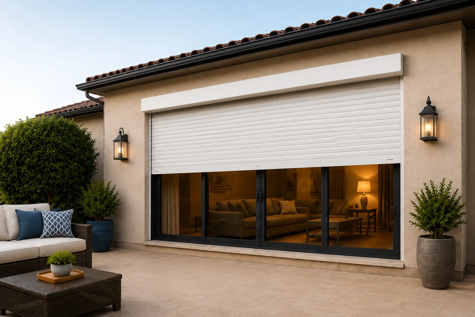 Patio sliding door opening with a Roll-A-Shield 55mm insulated rolling shutter partially closed