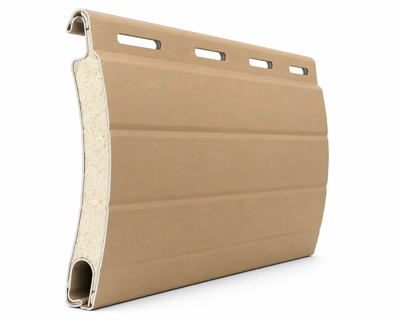 Cutaway view of a Roll-A-Shield 55mm insulated aluminum rolling shutter slat showing the foam insulation core