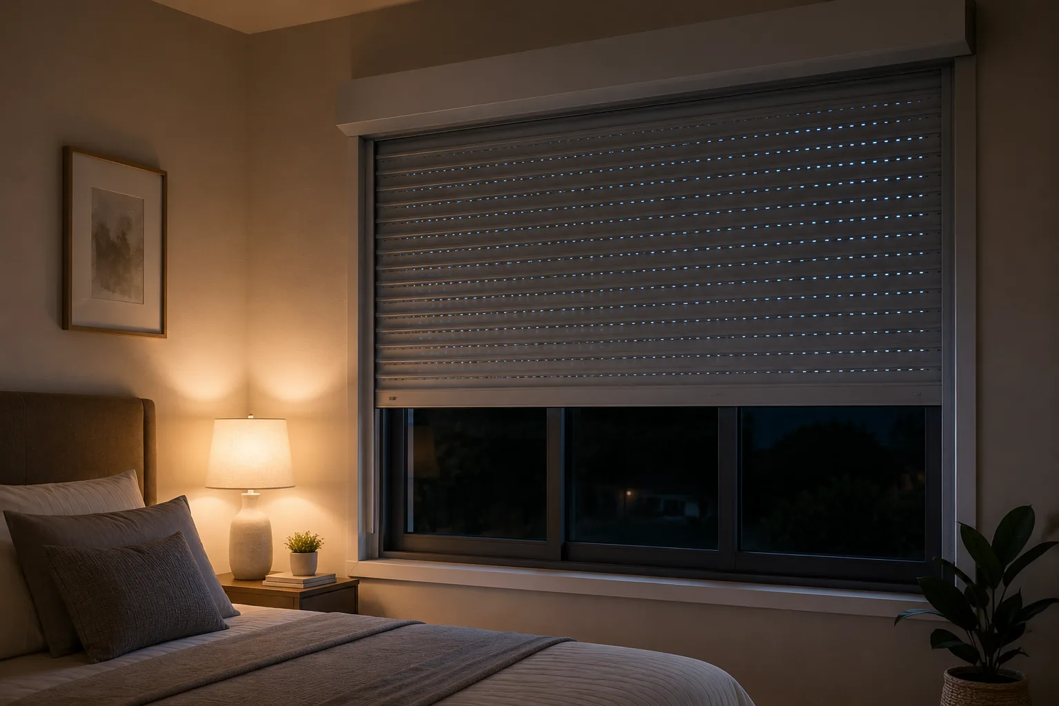 Bedroom window with an insulated rolling shutter partially closed for privacy and light control