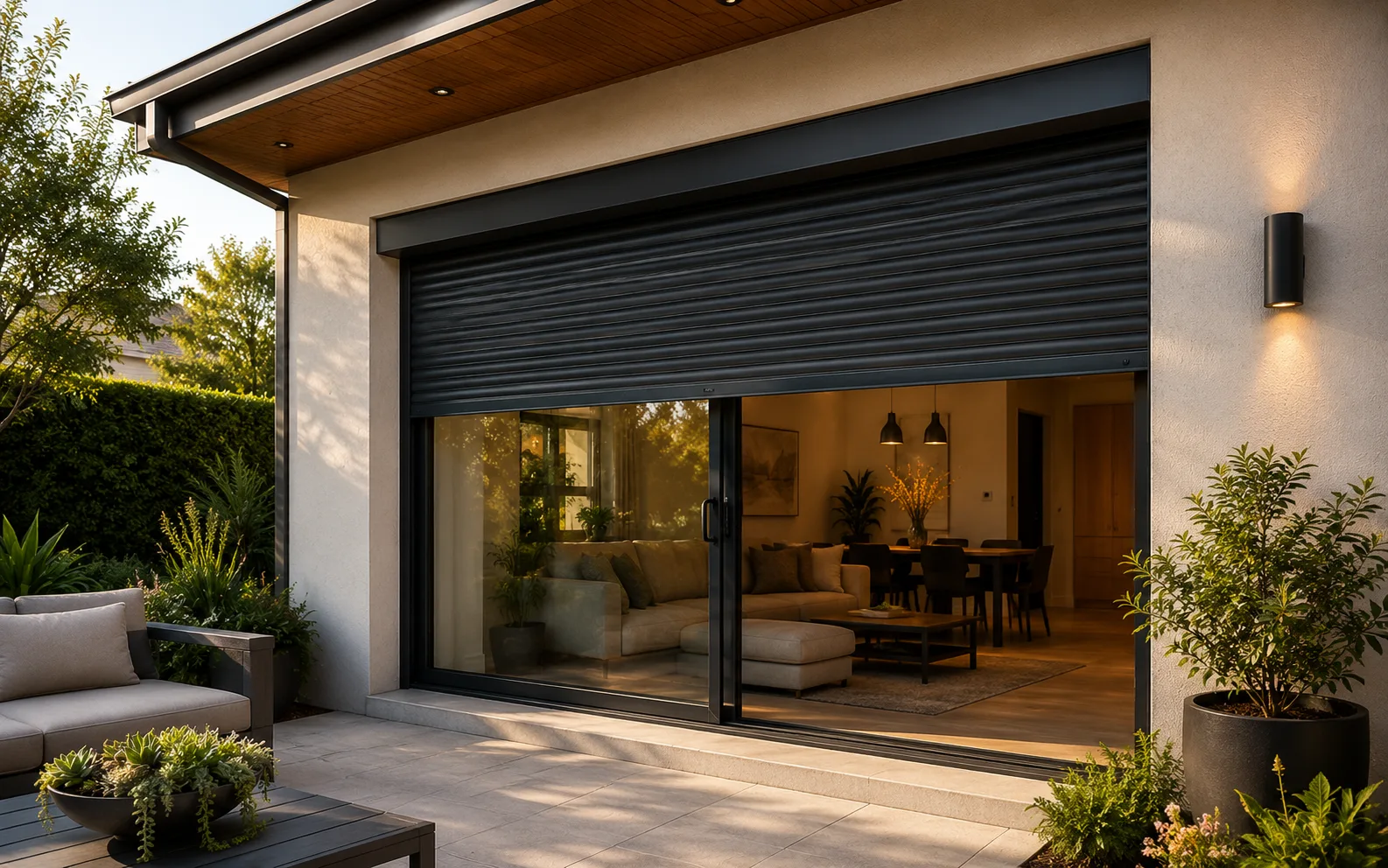 Patio sliding doors with an insulated rolling shutter installed above a large glass opening