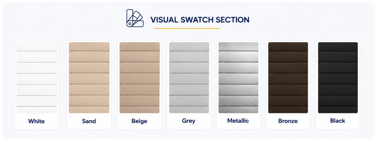 Roll-A-Shield insulated rolling shutter slat color swatch chart showing white, sand, beige, grey, metallic, bronze, and black finishes