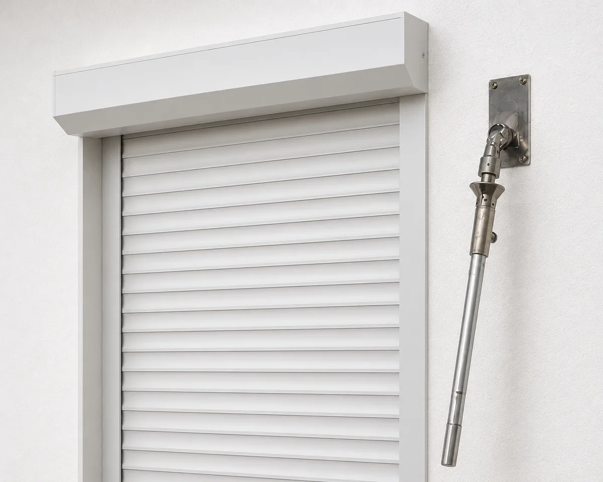 Rolling shutter with a manual override wand mounted beside the opening