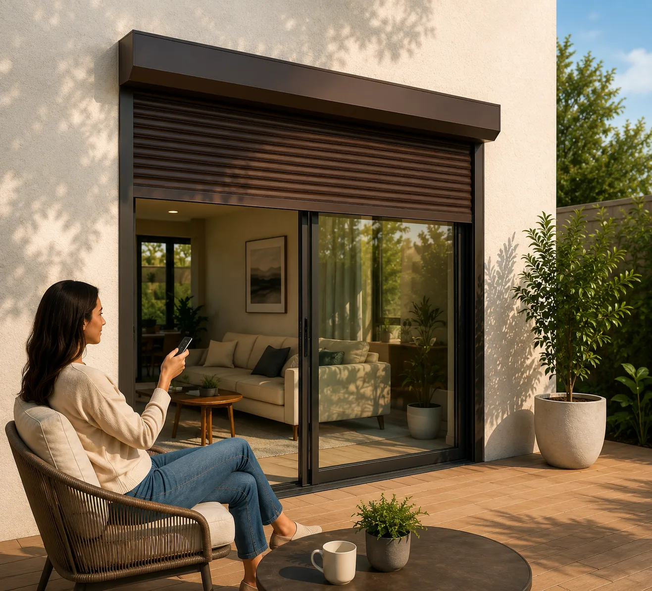 Woman using a phone app to control a motorized rolling shutter over a patio door