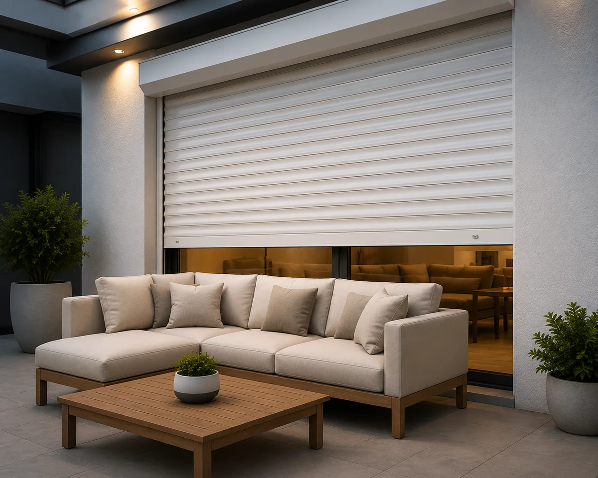 Motorized rolling shutter detecting a patio sofa beneath the opening