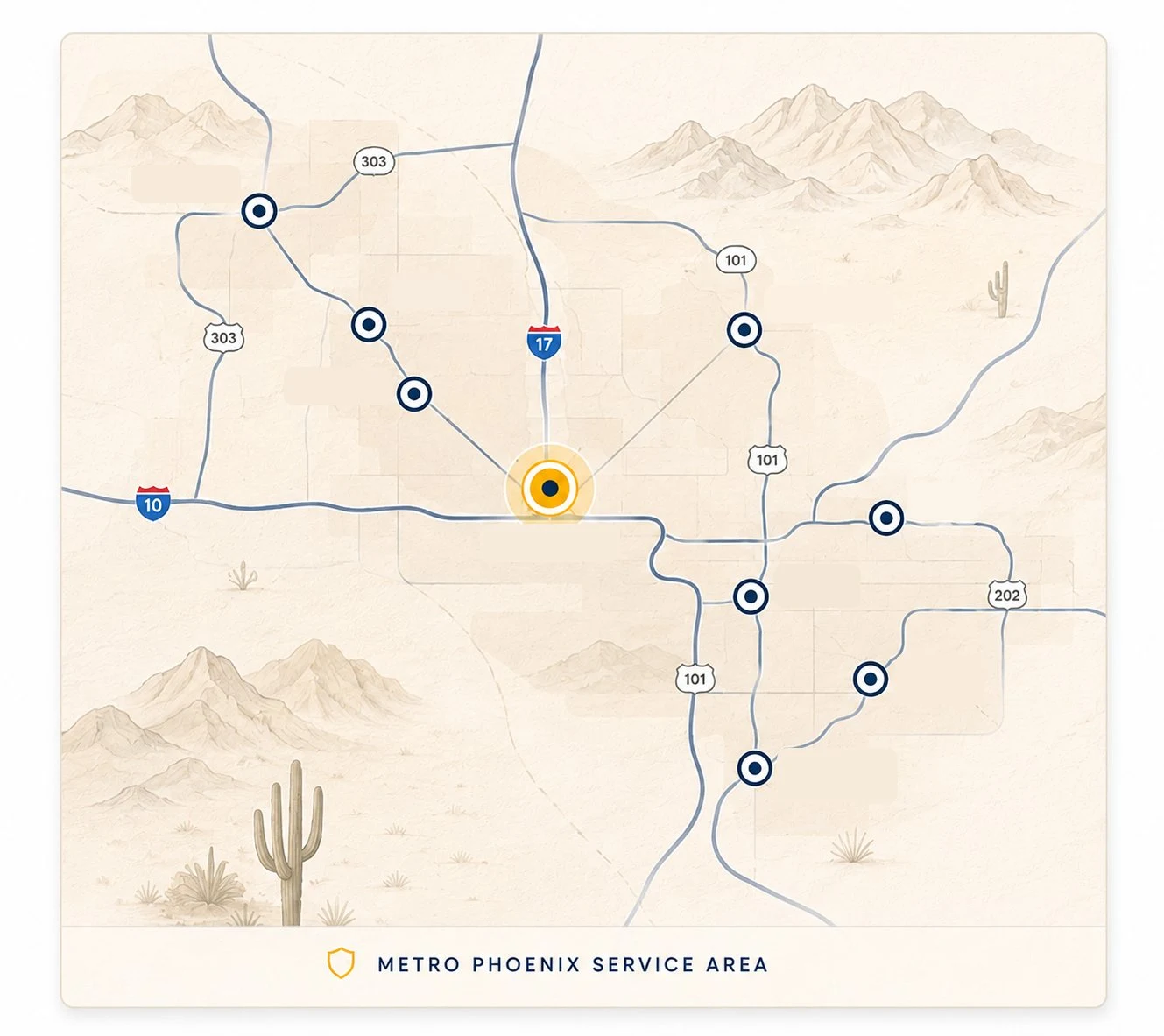Map of the Metro Phoenix rolling shutter service area including Phoenix, Scottsdale, Tempe, Mesa, Chandler, Gilbert, Glendale, Peoria, and Surprise