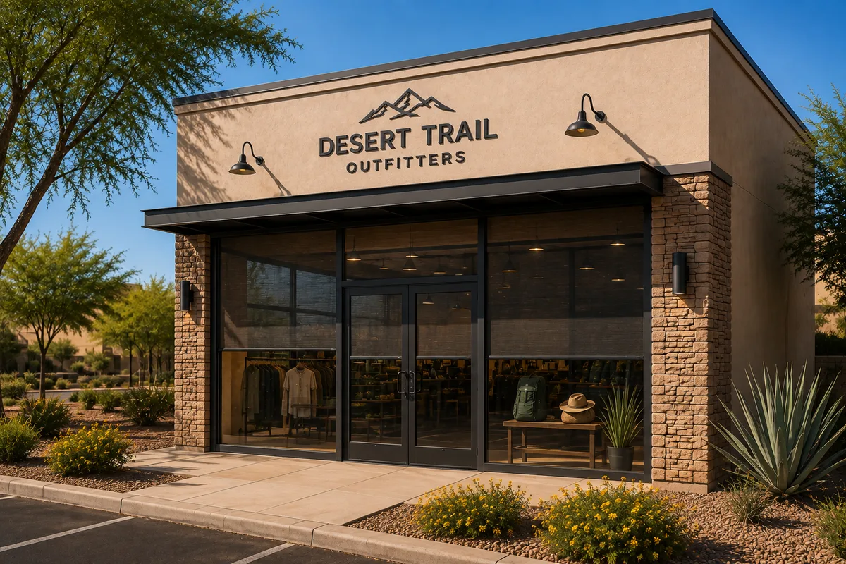 Retail storefront in Phoenix with security screens lowered behind the glass entry and display windows