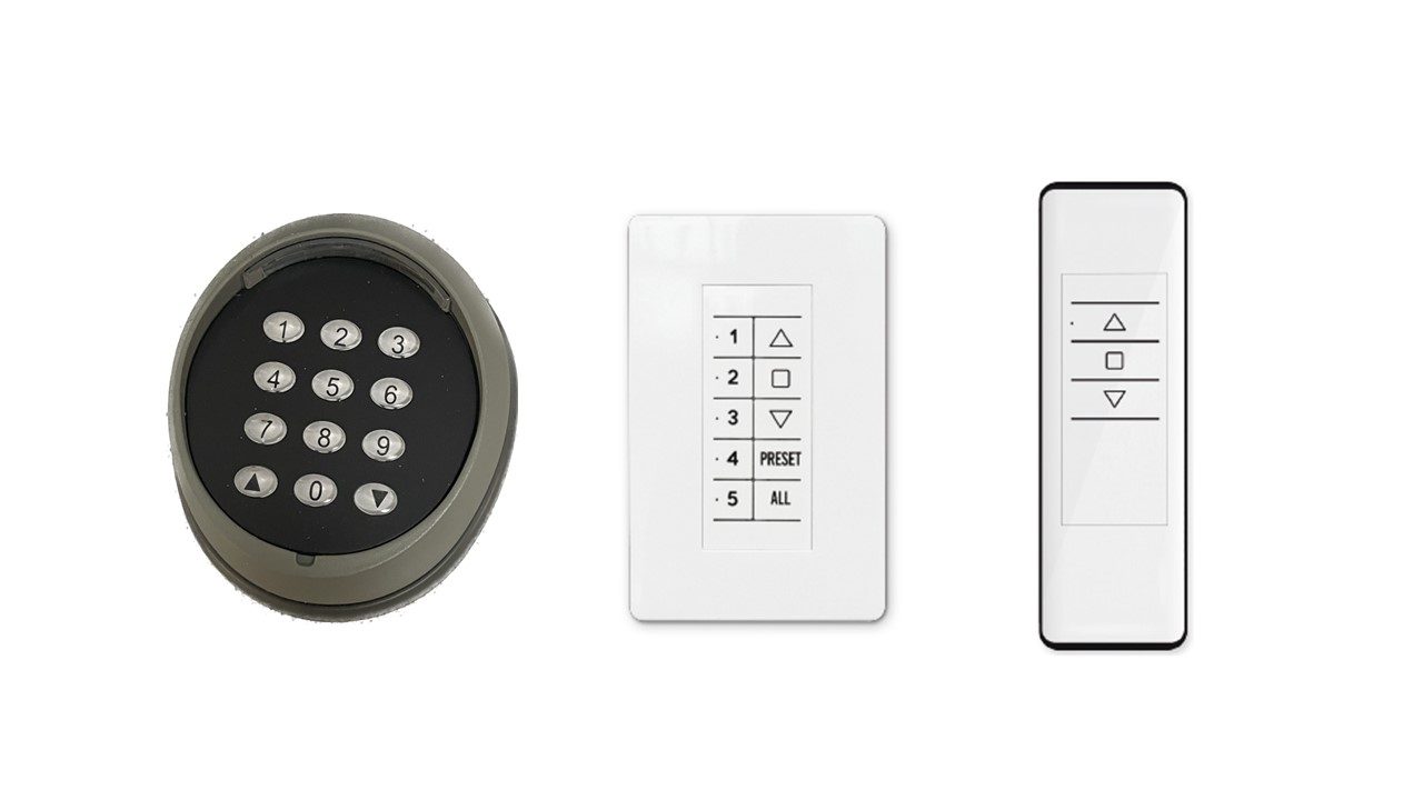 Keypad, wall switch, and handheld remote controls for motorized rolling screens