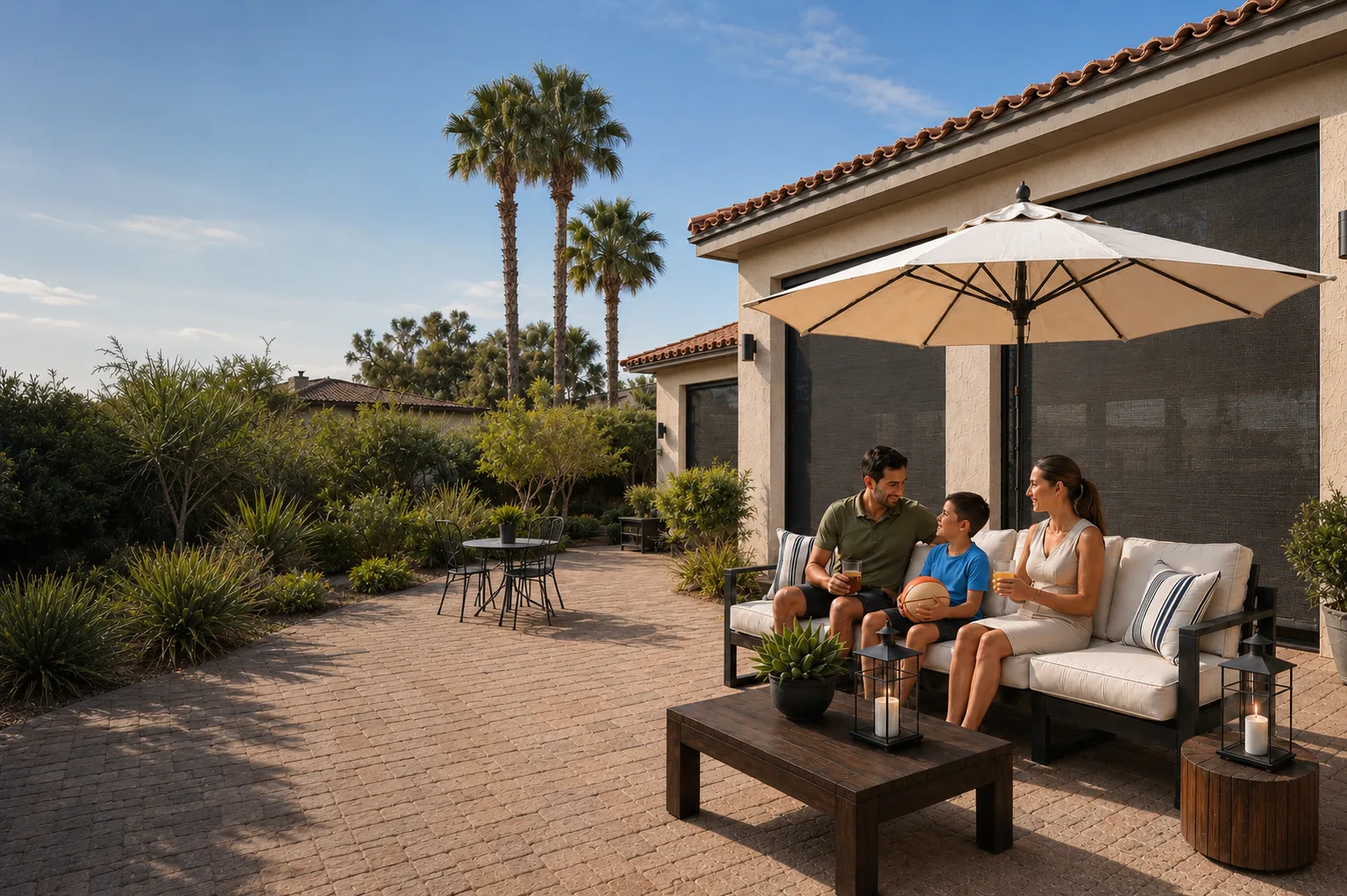 Family relaxing behind motorized screens on a shaded Phoenix patio in full summer sun