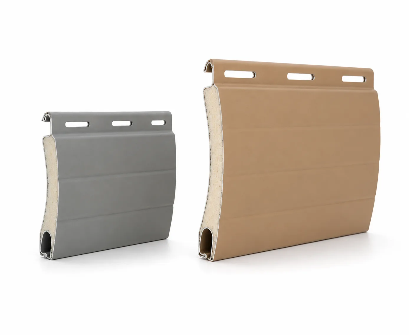 Two foam-filled rolling shutter slat sections, one grey and one beige, with the insulating foam core visible along the cut edge of each