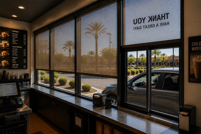 Rolling screens shading a coffee shop drive-thru pickup window