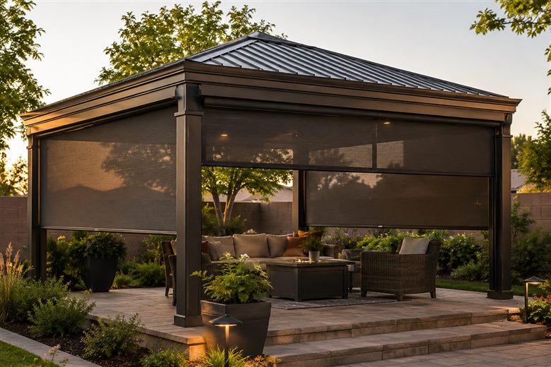 Motorized rolling screens shading a backyard gazebo at dusk