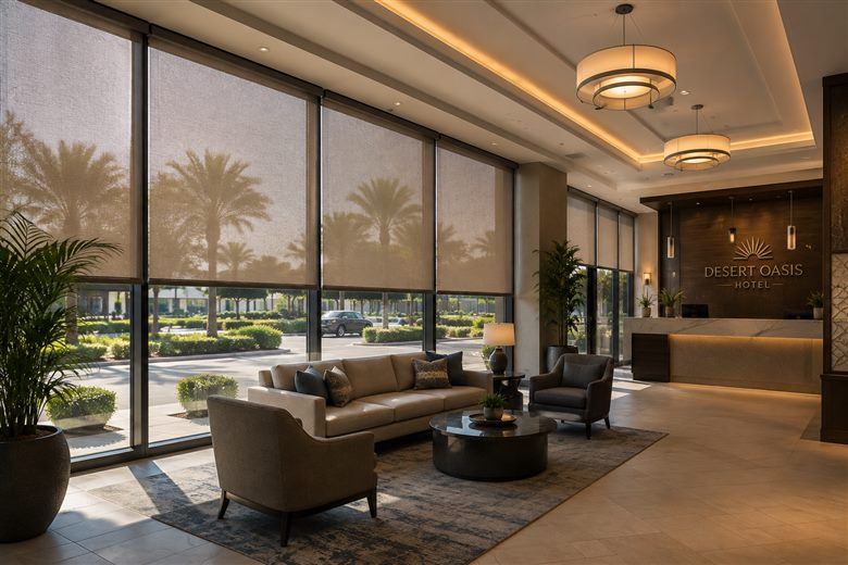 Rolling screens filtering sun in a Phoenix hotel lobby