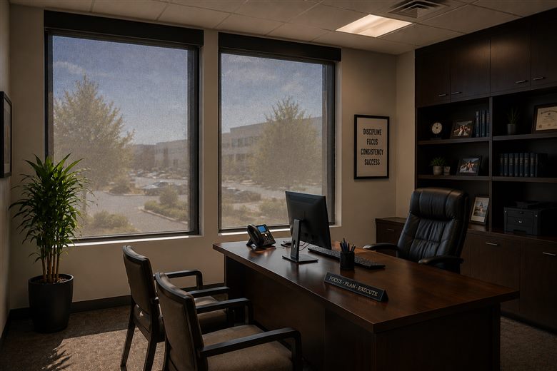Rolling screens cutting glare on corner office windows in Metro Phoenix