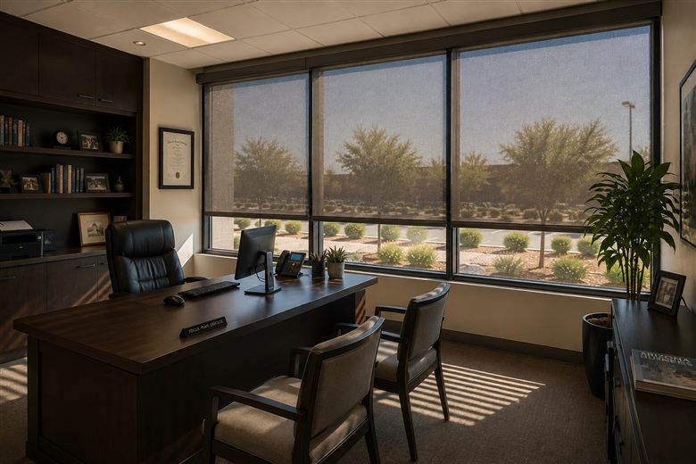 Private office with shaded windows overlooking a desert parking lot