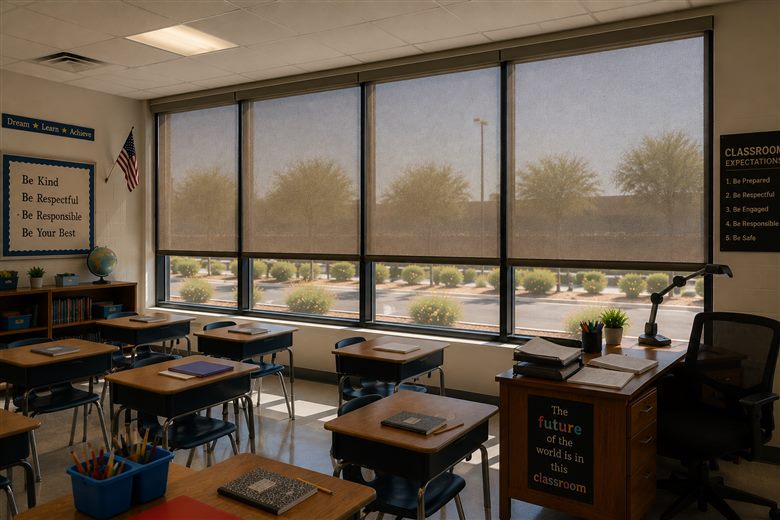Rolling screens blocking glare on classroom windows at an Arizona school