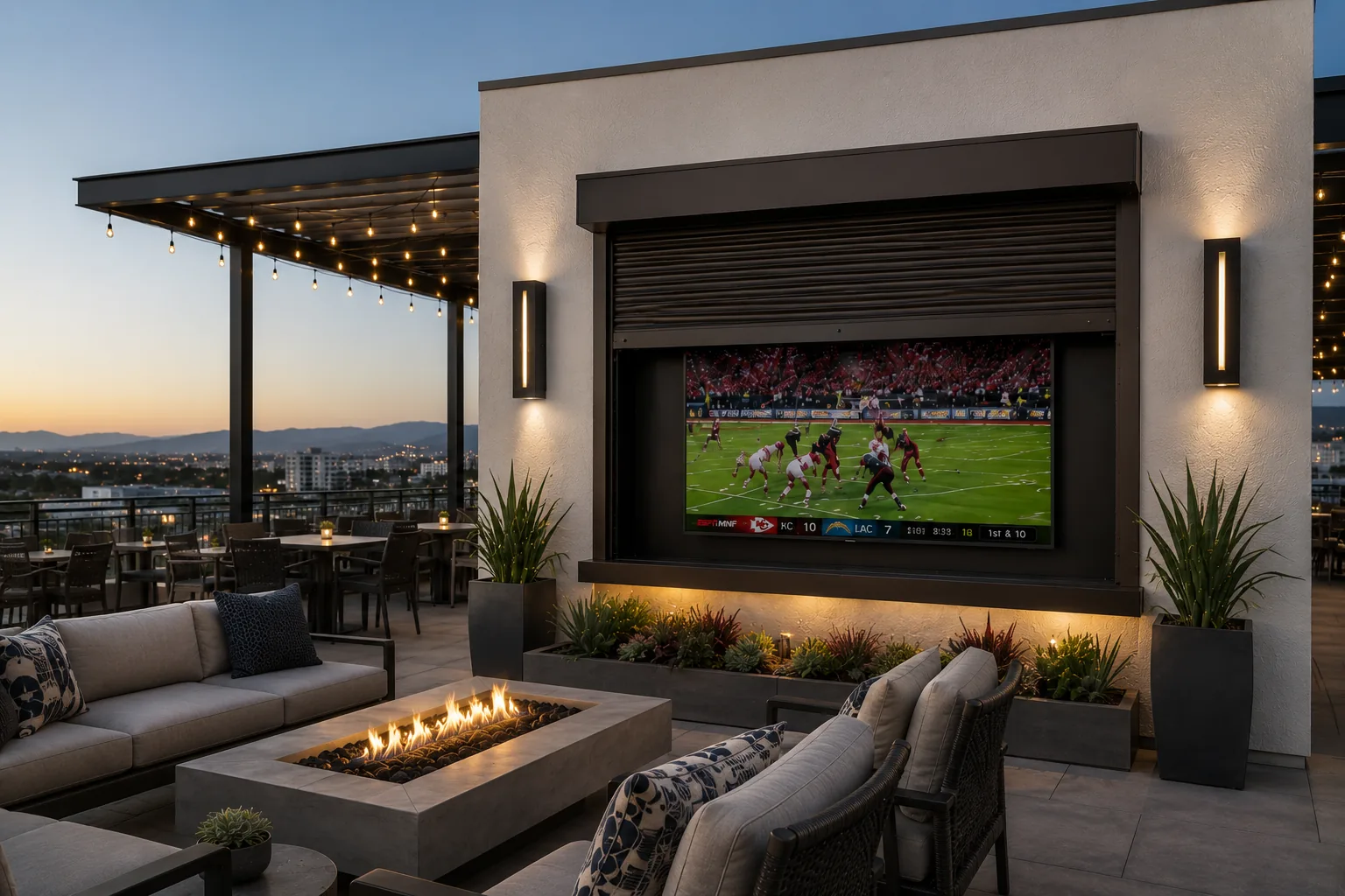 Bronze rolling shutter partly raised over a large outdoor television on a rooftop terrace at dusk, with a fire table and city lights beyond