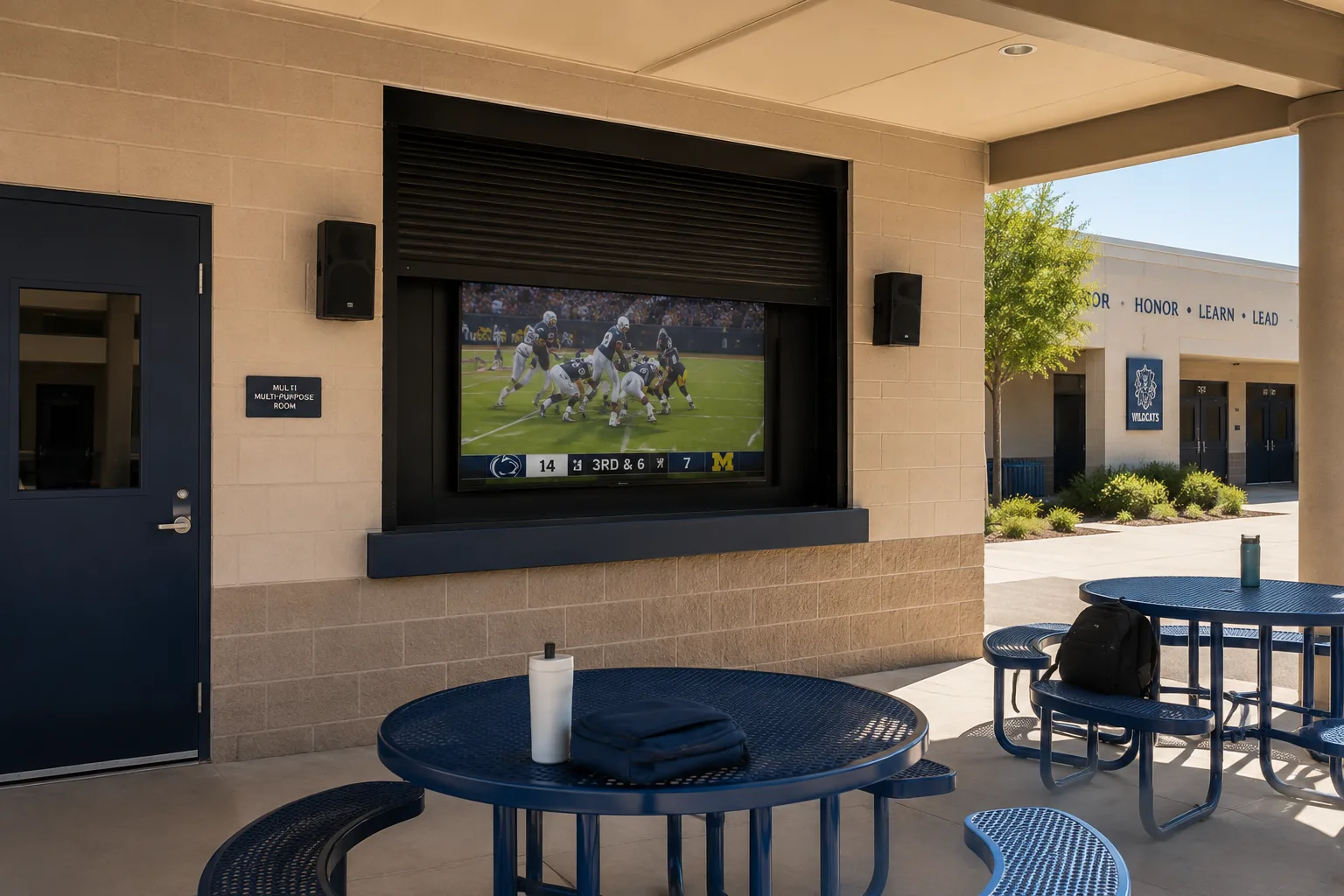 Dark rolling shutter partly raised over an outdoor television on a covered school courtyard with picnic tables