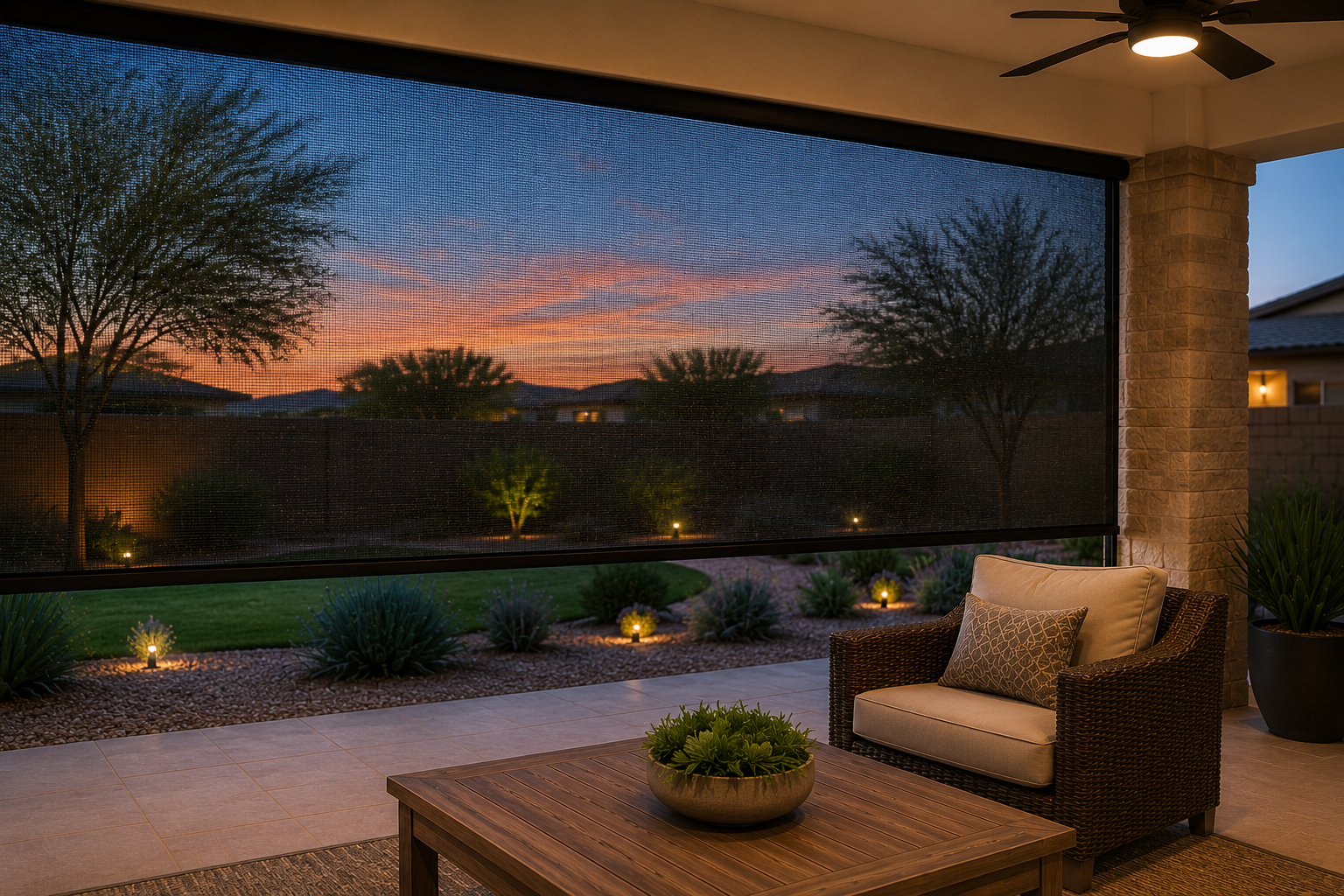 Motorized rolling screen rolled up into its housing ahead of a monsoon gust
