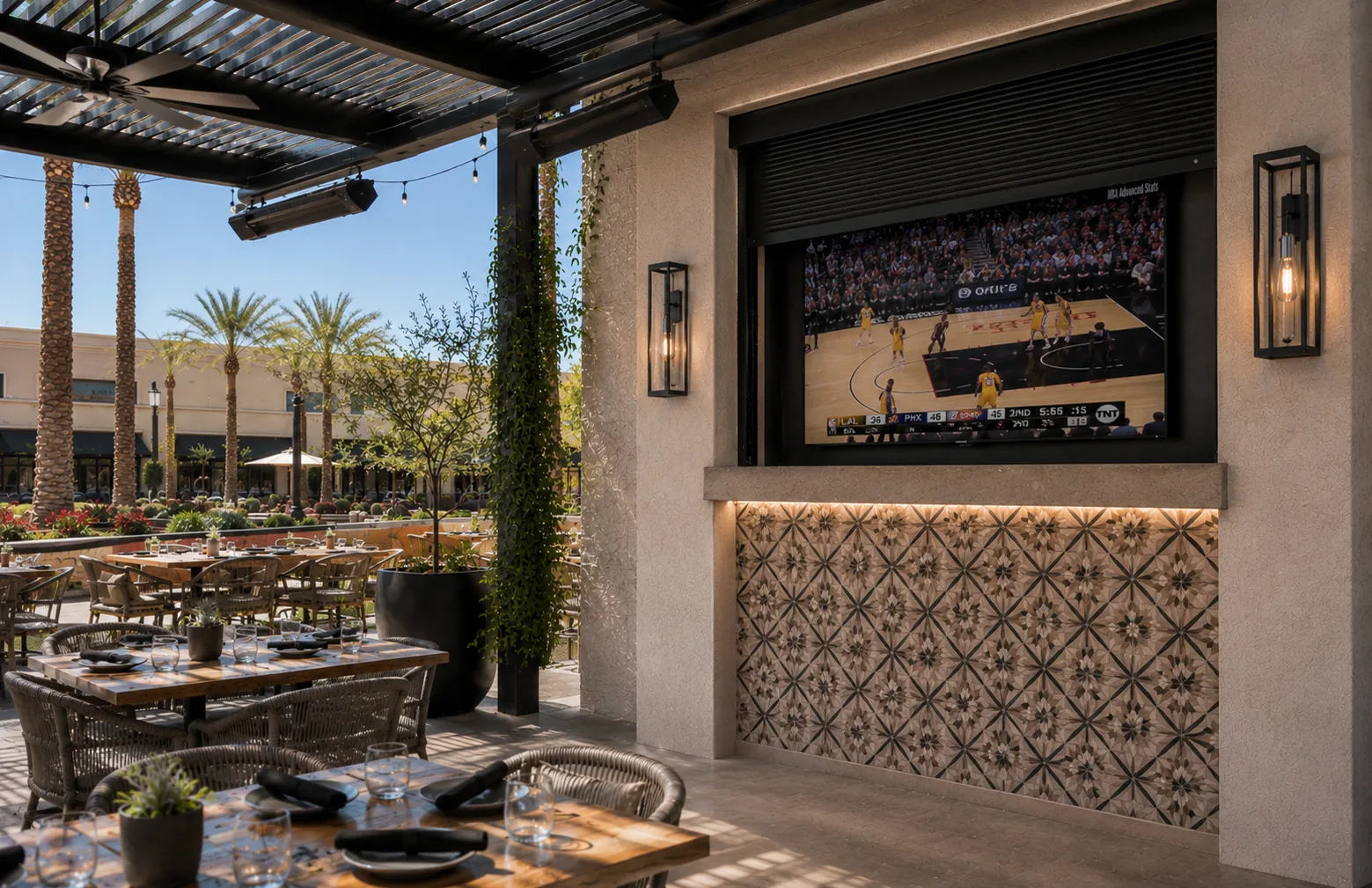 Black rolling shutter raised above a large outdoor television on a covered restaurant patio, with dining tables and palm trees beyond