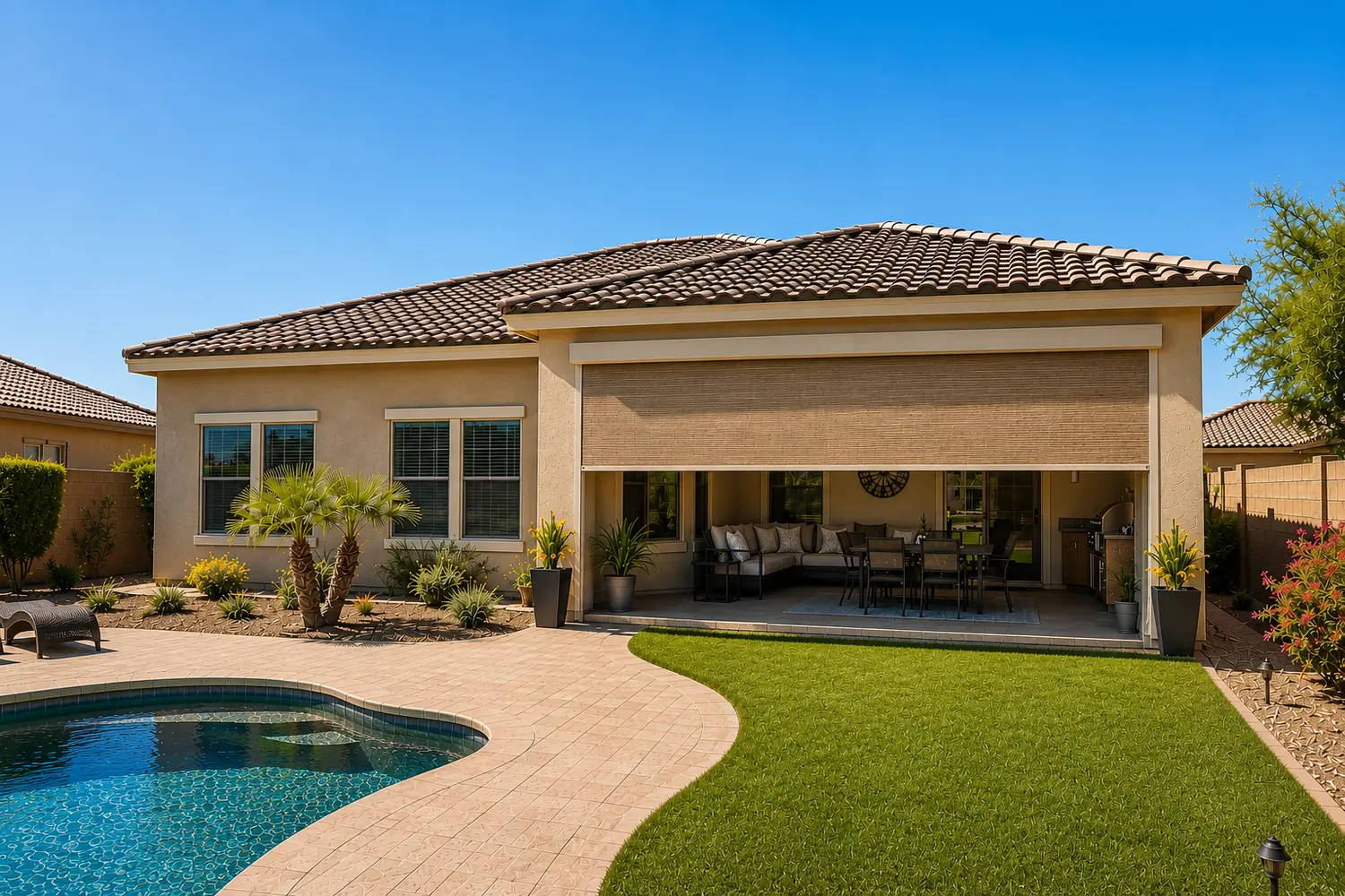 Tan motorized rolling screen lowered over a covered Chandler patio to block the sun, with a pool, lawn, and desert landscaping