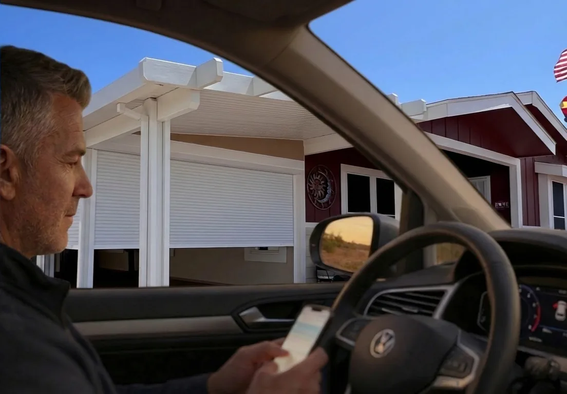 Rolling shutters closed over the windows and doors of a Chandler home left for the season