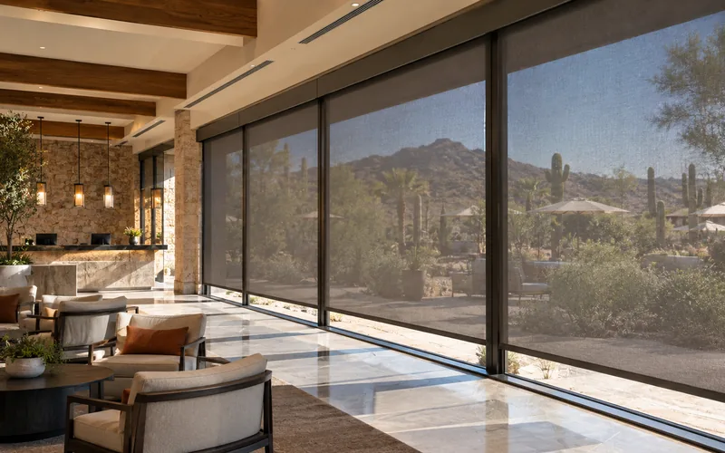 A desert-facing Peoria living space with motorized screens lowered over a wall of glass, softening the full sun while the mountain and saguaro view stays visible