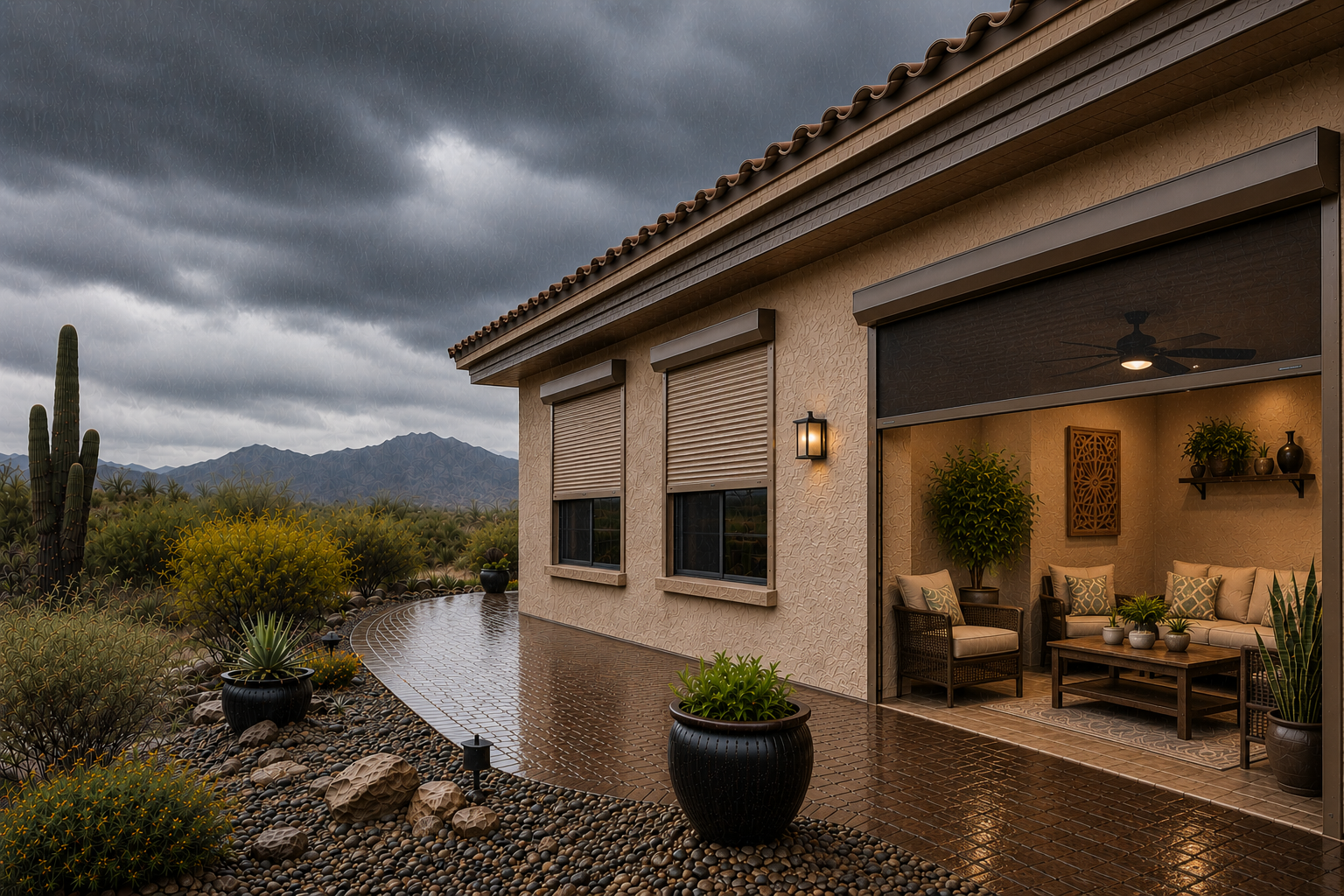 Motorized rolling screen lowered to keep blowing dust off a Metro Phoenix patio