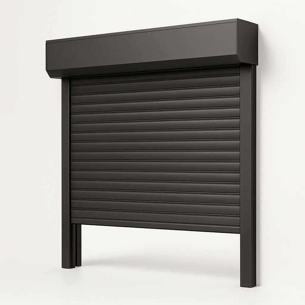 Bronze rolling shutter shown on its own, with the box above the opening and the guide rails running down each side