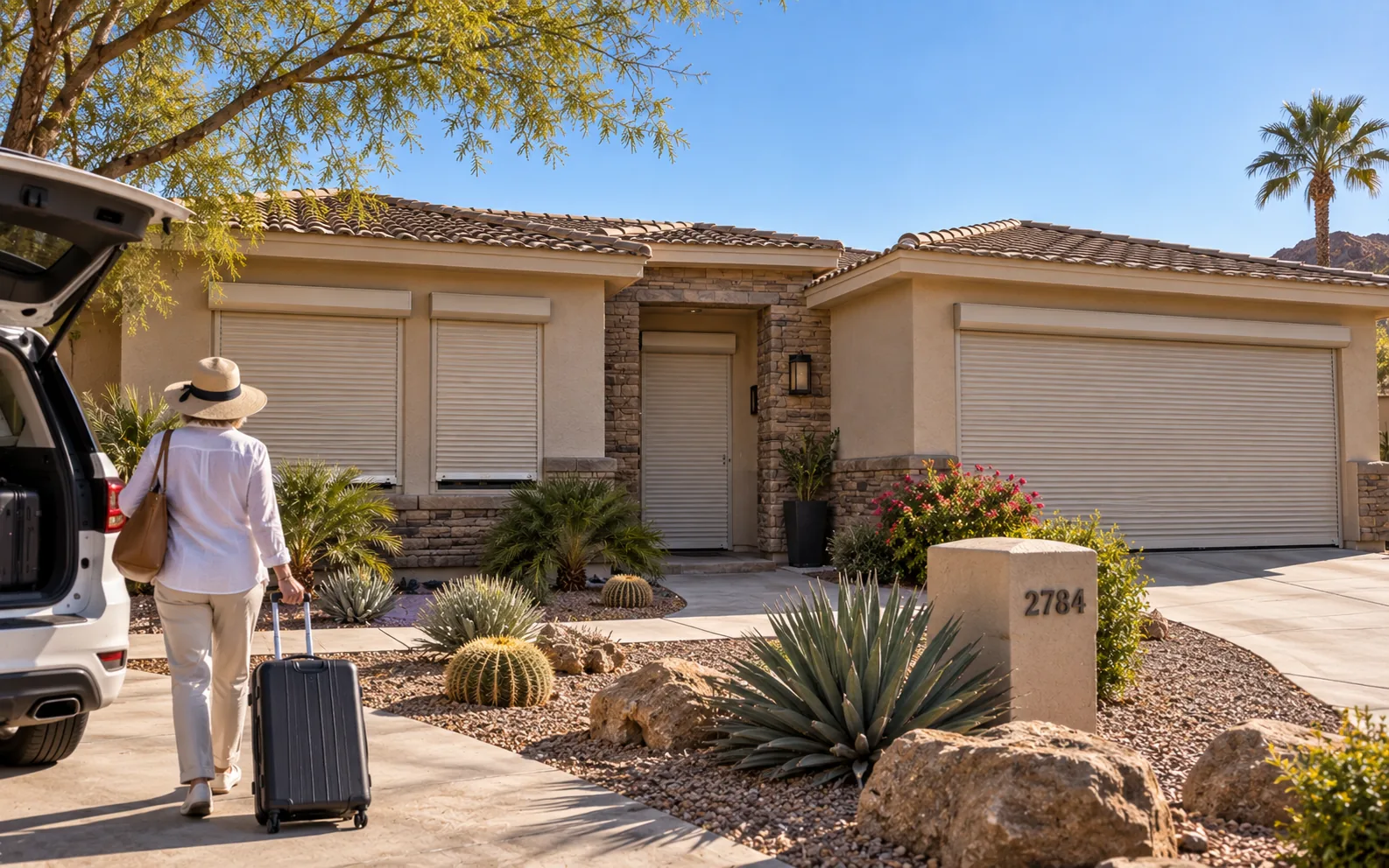 A homeowner rolling a suitcase to the car, with rolling shutters closed over the windows, front door, and garage of a desert home