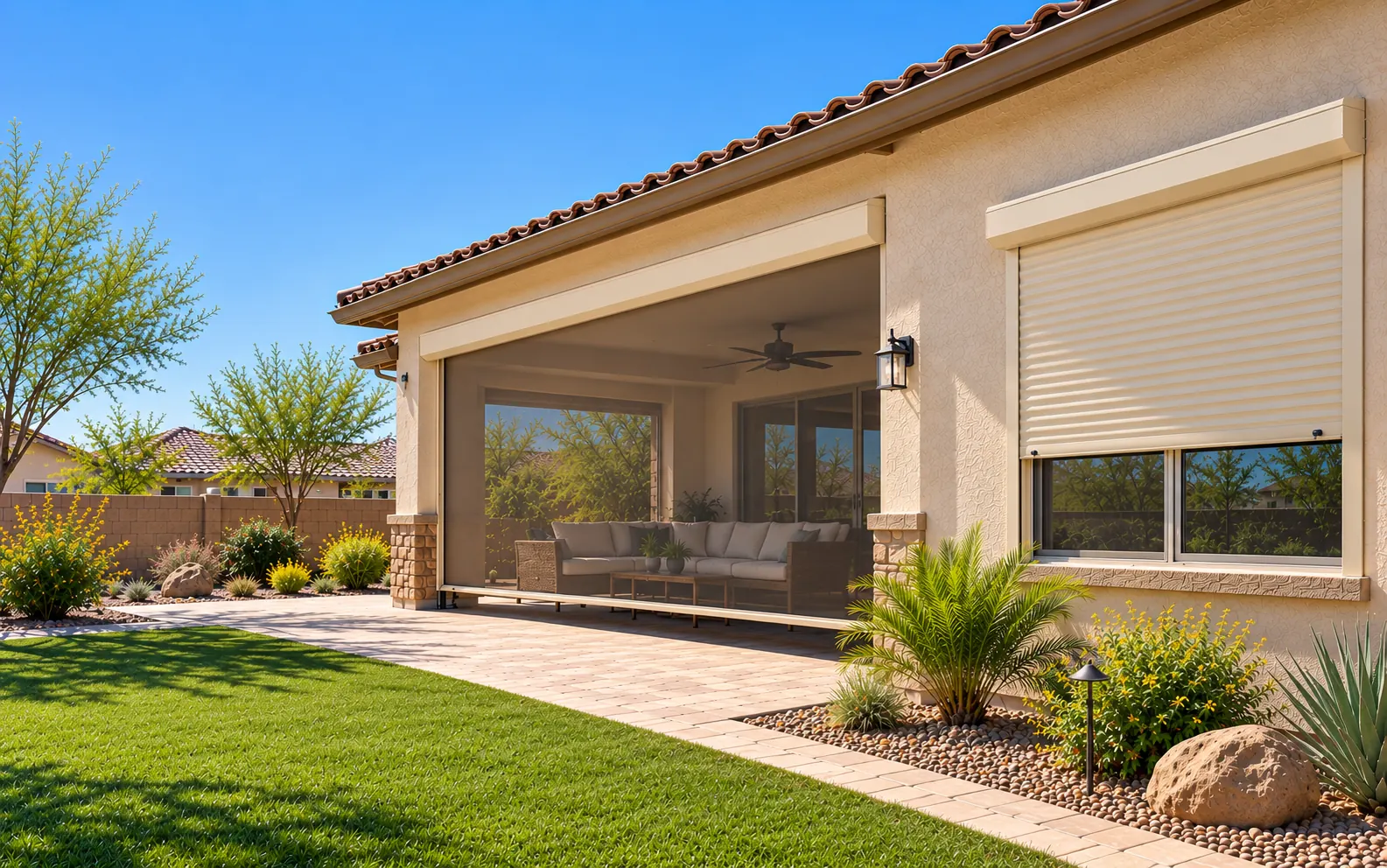 Goodyear, Arizona home in daylight with a rolling shutter lowered over a window and a motorized patio screen lowered over a covered patio