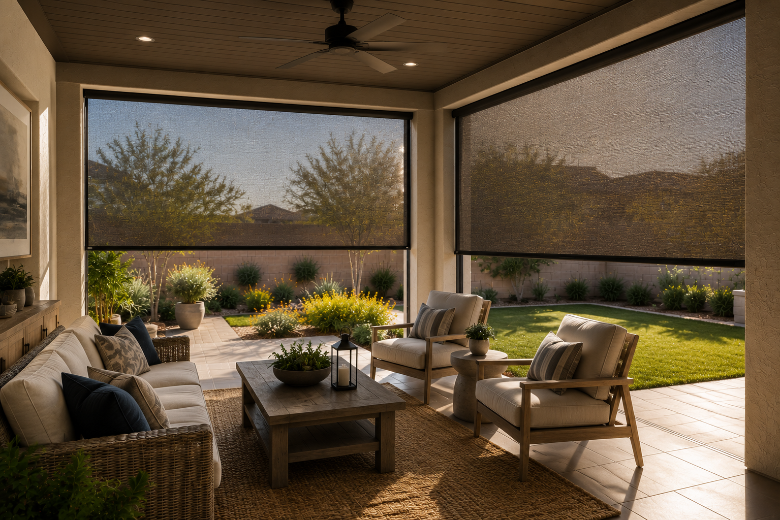 Roll-A-Shield crew installing a motorized rolling screen on a Metro Phoenix home