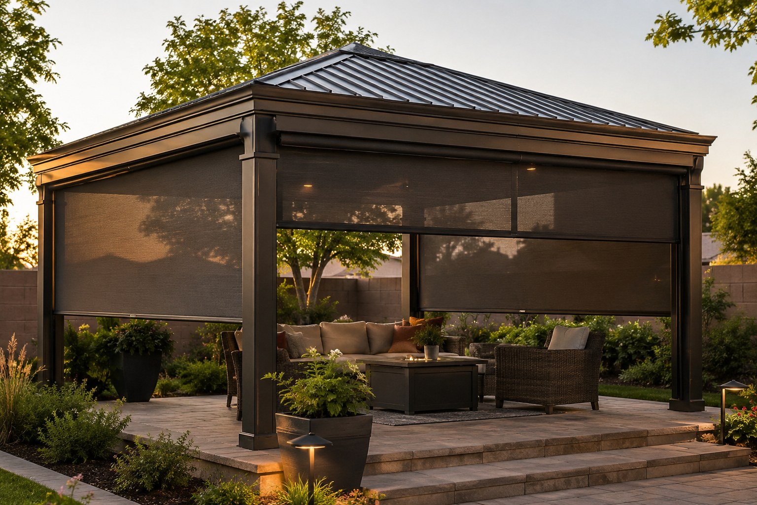 A rolling screen on a detached patio structure at a Metro Phoenix home