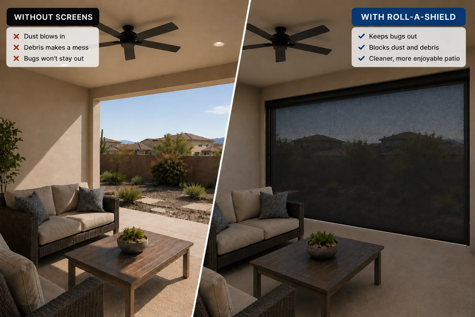 Side-by-side comparison of a Metro Phoenix home, the covered patio open on one side and screened by a lowered rolling privacy screen on the other