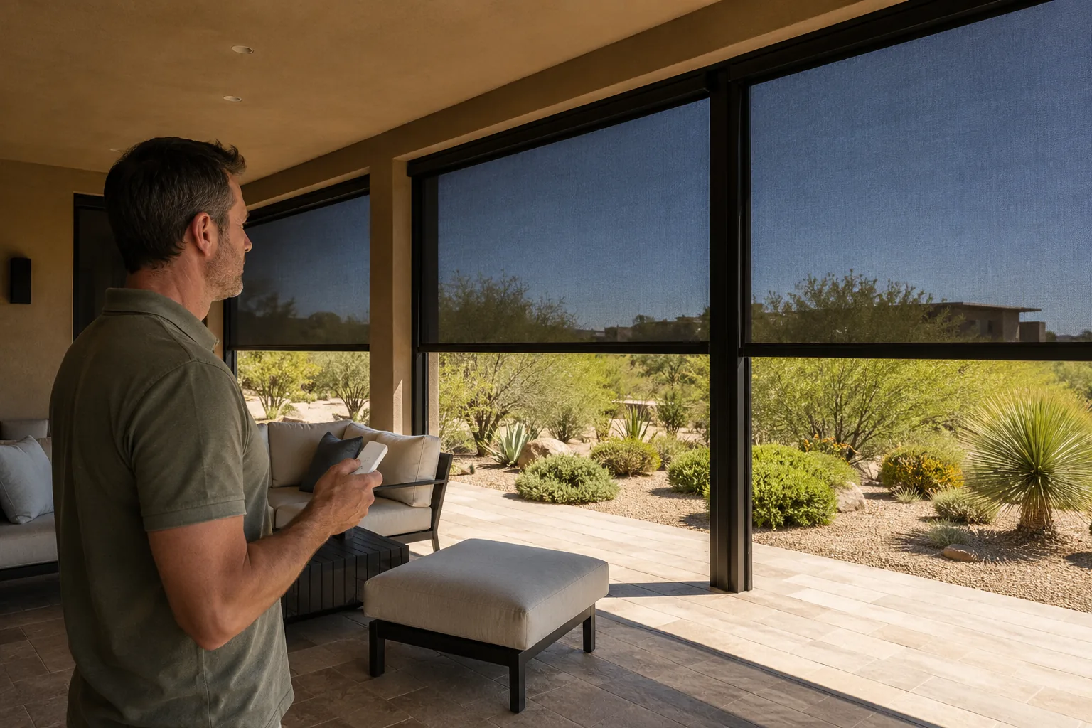 A homeowner on a covered Metro Phoenix patio lowering motorized rolling screens with a remote, looking out over desert landscaping