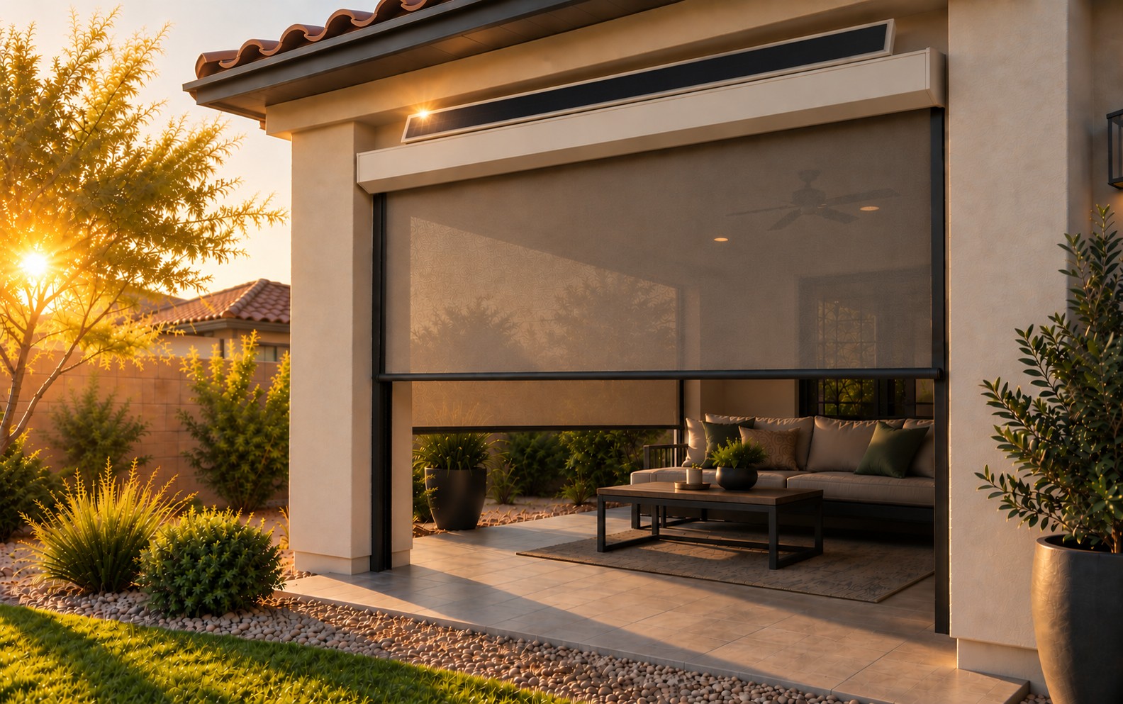 Rolling screen lowered over the covered patio of a Metro Phoenix home at sunset, with a small solar panel mounted on the screen housing, desert landscaping and open sky behind