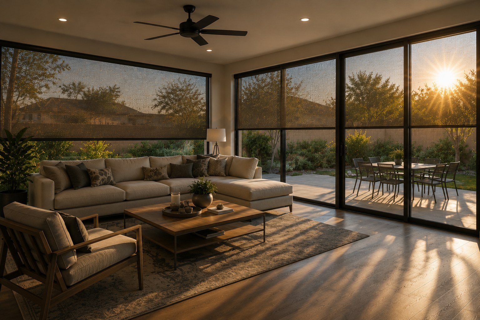 Rolling screens over sliding glass doors and windows on a Metro Phoenix home