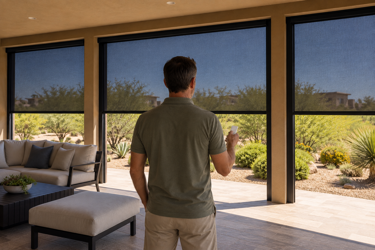Homeowner using a remote to lower motorized rolling screens over a covered patio at a Metro Phoenix home, with desert landscaping beyond