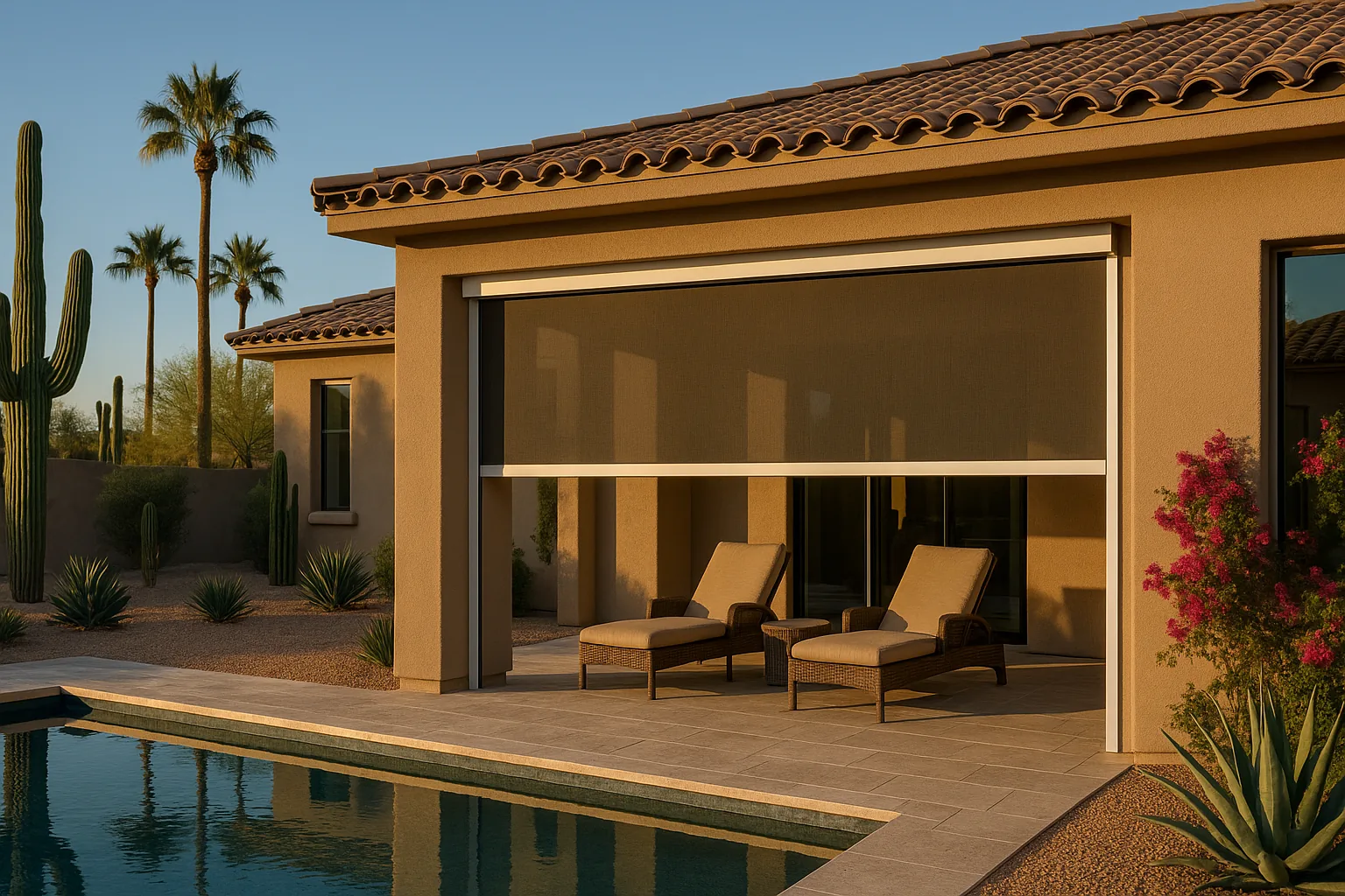Residential motorized rolling screen half extended over a Phoenix pool patio