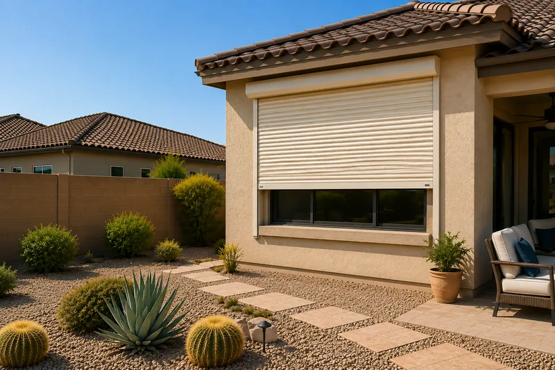 A cream rolling shutter lowered most of the way over a window on a Peoria desert home, with desert landscaping and a block wall around it