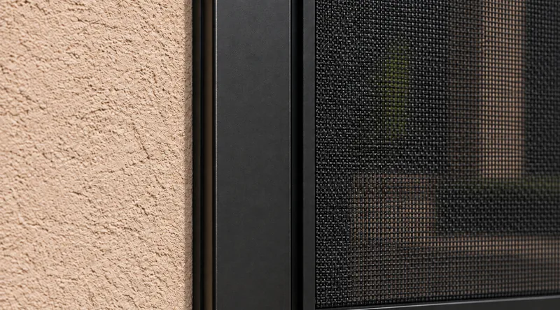 Close-up of a screen seated snug in its black side guide rail against a stucco wall
