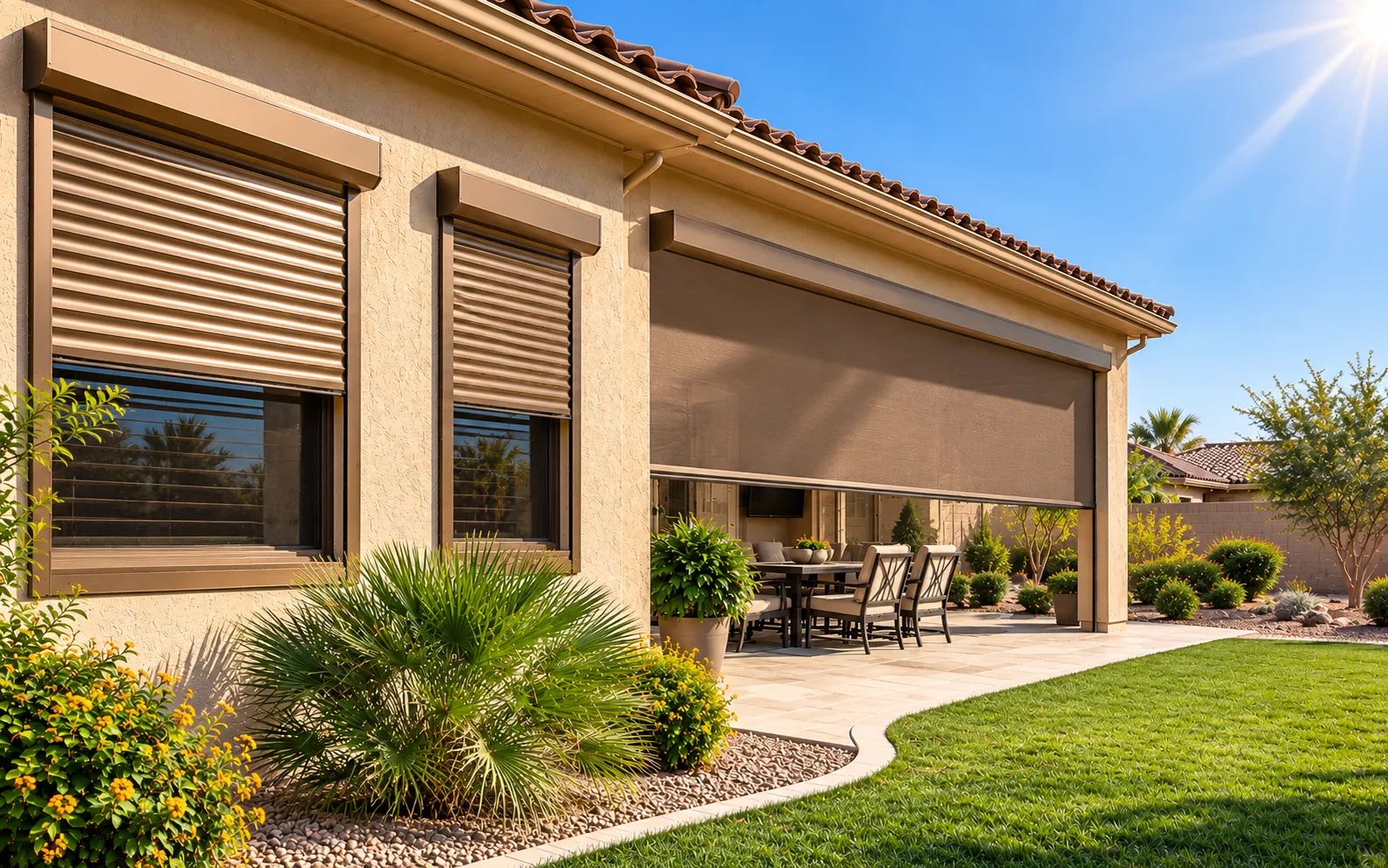 Peoria, Arizona home in daylight with tan rolling shutters closed over the windows and a motorized patio screen lowered over the covered patio, with desert landscaping and a sunny blue sky