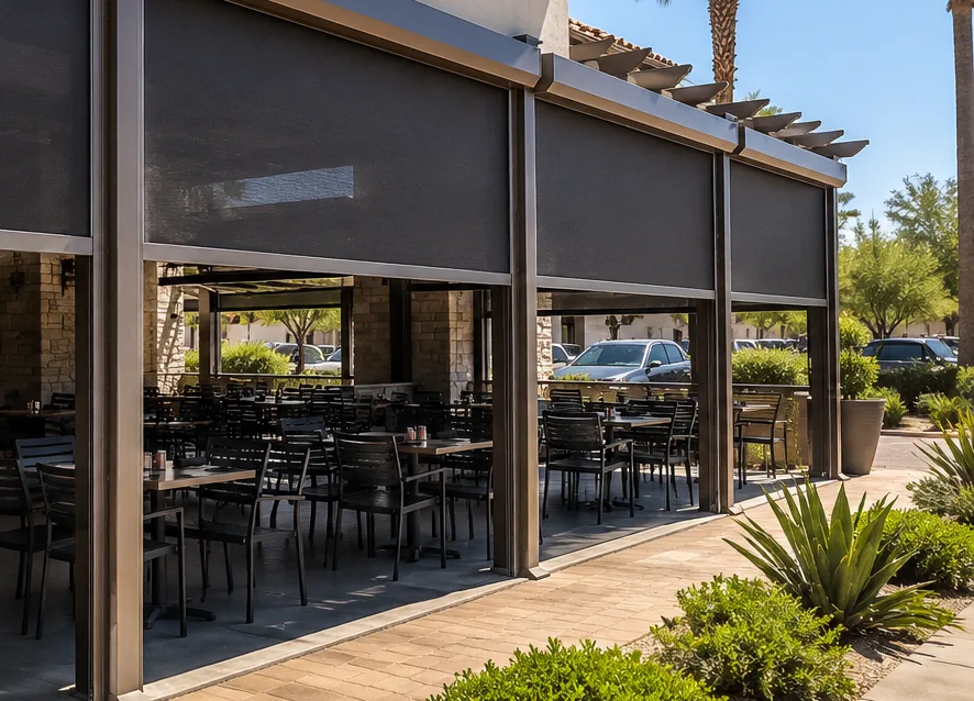 Dark motorized screens partly lowered across four bays of a covered restaurant patio on a sunny day, with rows of dining tables in the shade and palms and desert landscaping beyond