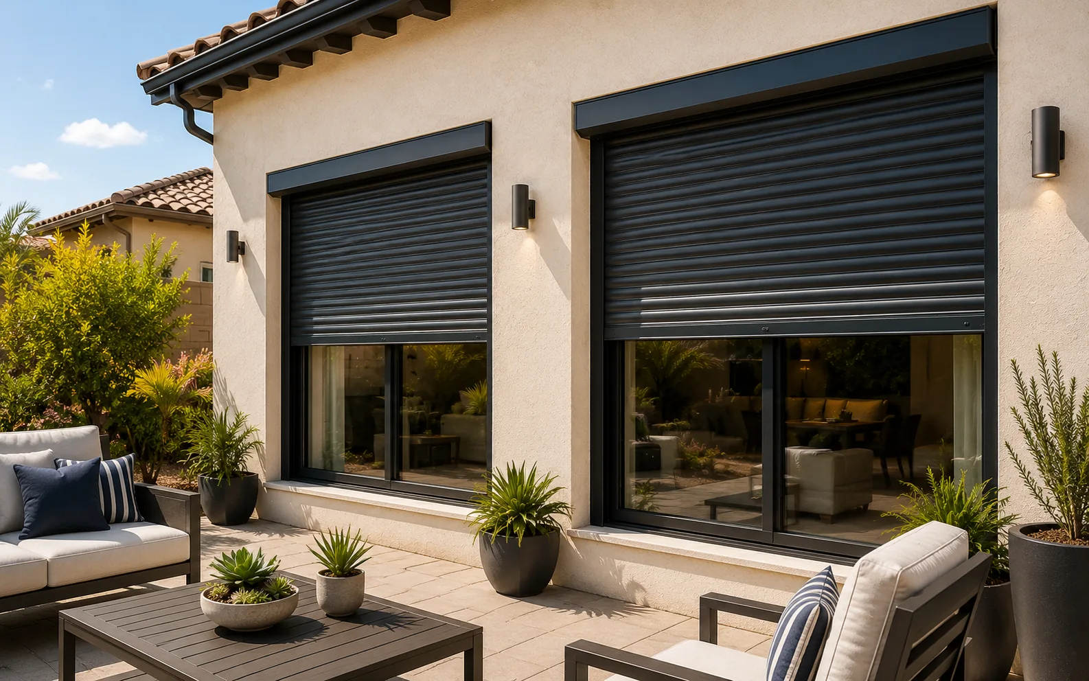 Two large patio windows fully covered by closed black aluminum security blinds forming a physical break-in barrier