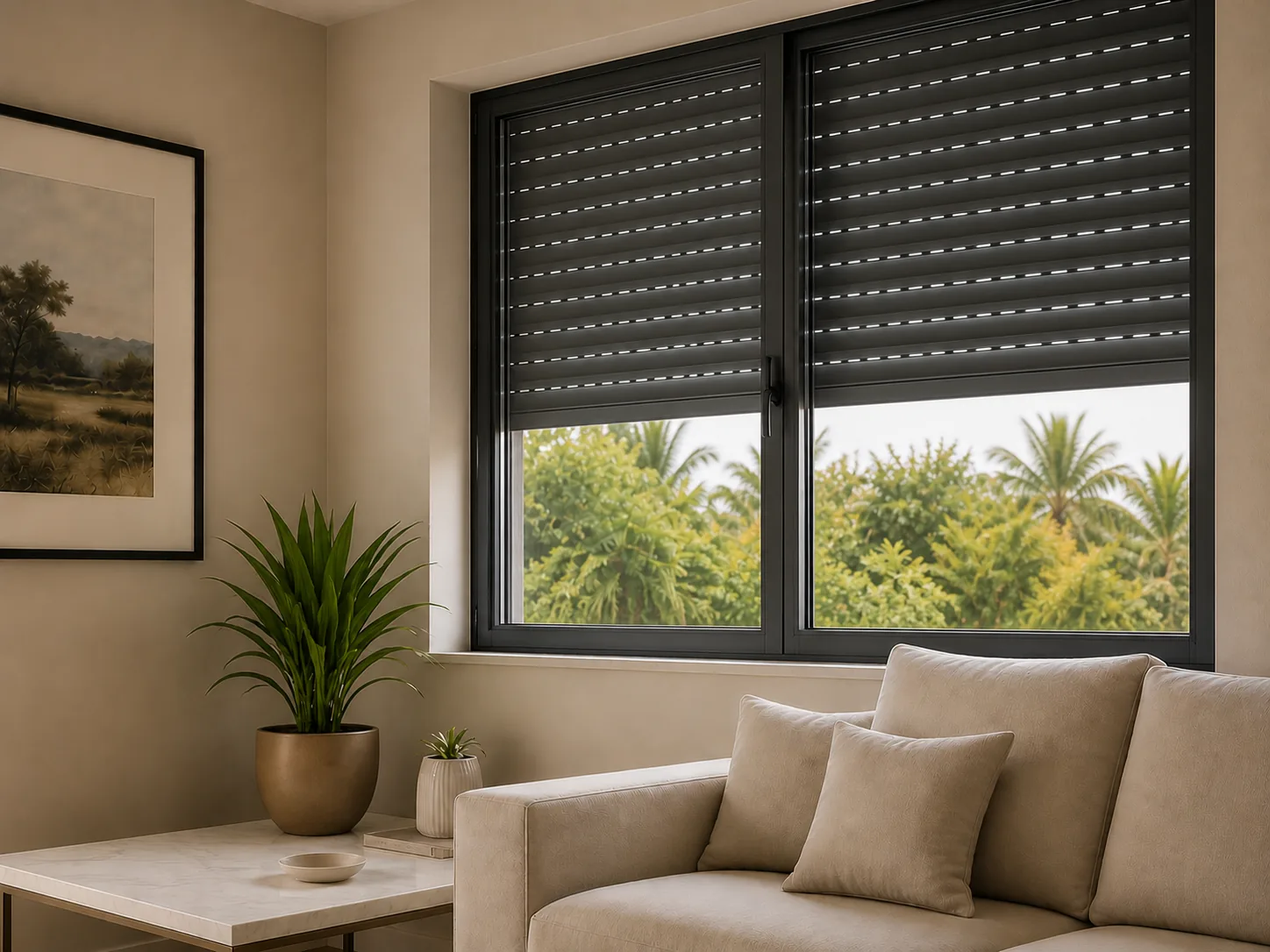 Living-room interior view of a window covered by a partially closed security blind blocking direct sunlight