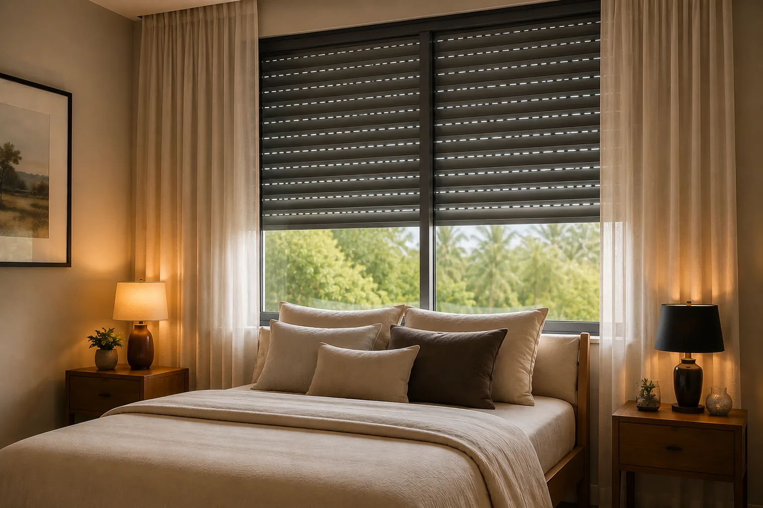 Quiet bedroom interior with a closed security blind reducing outside traffic noise