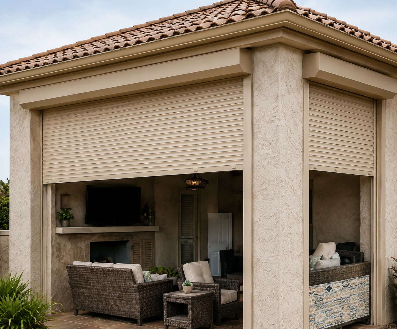 Patio enclosure with security blinds partially retracted to keep the open-air feel