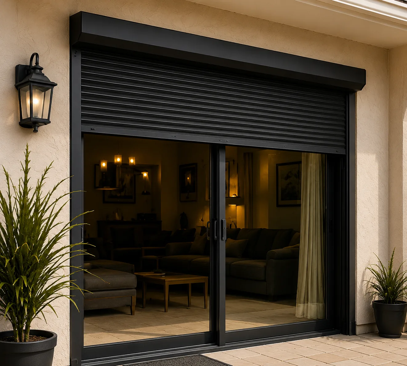 Large sliding glass patio door covered by a closed security blind